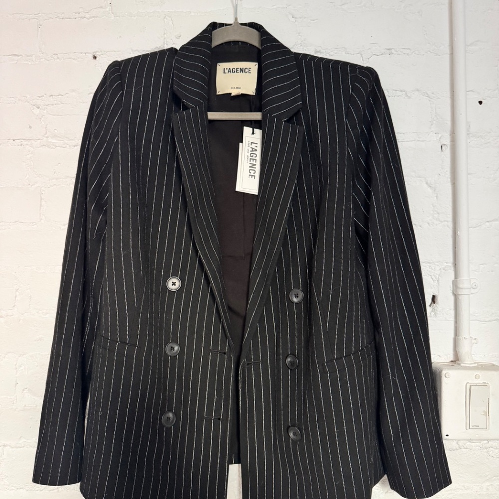 L’Agence classic double breasted pinstripe black blazer